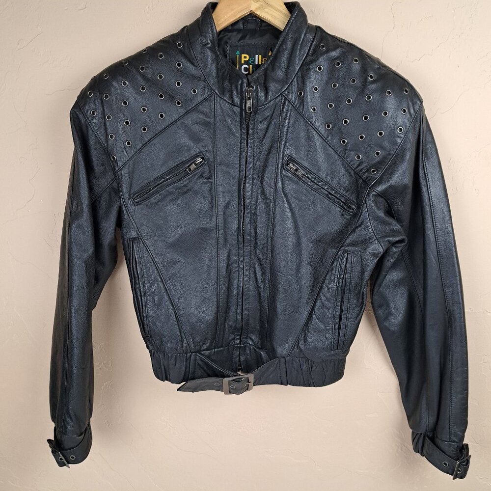 Vintage Pelle C lub Y2K Black Leather Biker Motif Jacket Size Small